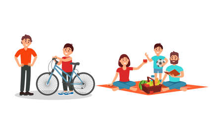 Man and Woman Parents with Kid Having Picnic and Cycling Vector Illustration Setのイラスト素材