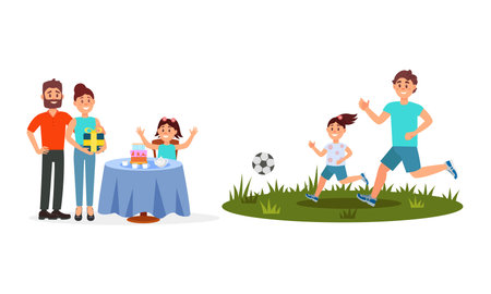 Man and Woman Parents with Kid Celebrating Birthday and Playing Football Vector Illustration Setのイラスト素材