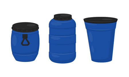 Blue Plastic Barrel with Closed Lid Vector Setのイラスト素材