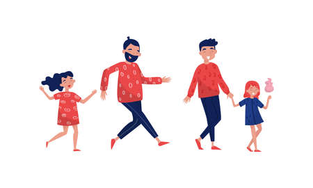Young Father Walking with His Son and Daughter Vector Illustration Setのイラスト素材