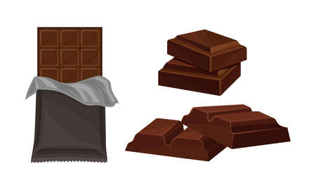 Parts of Chocolate Bar or Candy Bar as Confection of Rectangular Form with Nuts Vector Setのイラスト素材
