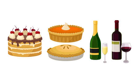 Baked Sweet Pie and Layered Cake with Bottle of Alcoholic Drink Vector Setのイラスト素材