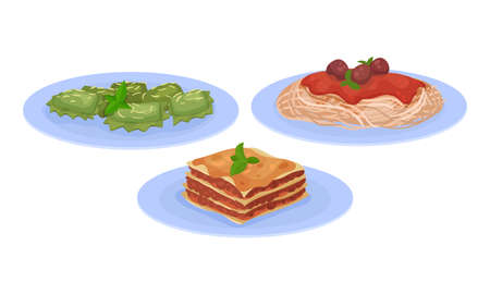 Lasagna and Shaped Pasta with Tomato Sauce as Italian Cuisine Dish Vector Setのイラスト素材