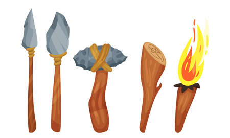 Stone Age Hunting Weapons with Stick and Spear Vector Setのイラスト素材