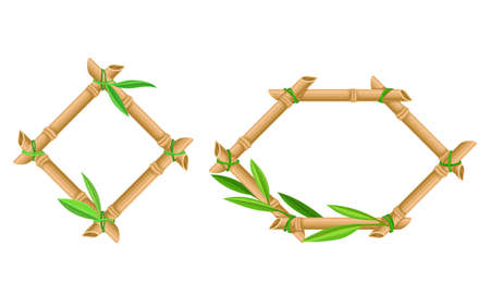 Frames of Corded Bamboo Sticks Decorated with Tropical Plant Vector Setのイラスト素材