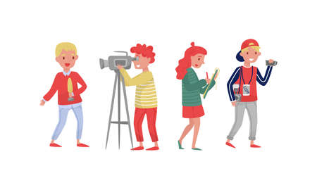 Professional Cameraman And Journalist or News Reporter from TV Broadcast as News Program Crew Vector Illustration Setのイラスト素材