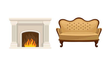 Vintage Furniture with Fireplace and Sofa Vector Setのイラスト素材