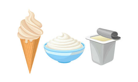 High-fat Cream Ice and Sour Cream in Bowl as Dairy Product Vector Setのイラスト素材