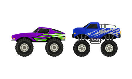 Bright Monster Trucks with Oversized Tires Vector Setのイラスト素材