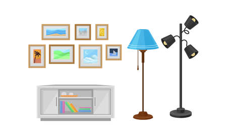 Furniture Items with Wall Mounted Shelf and Lamp Vector Setのイラスト素材