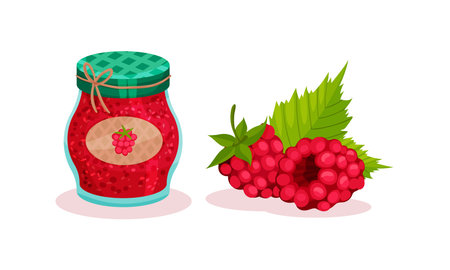 Raspberry Dessert with Jam in Glass Jar Vector Set