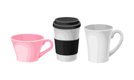 Ceramic Cups with Handle and Coffee Paper Cup for Drinking Vector Setのイラスト素材