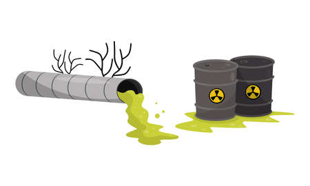 Pipe and Metal Barrel with Green Toxic Industrial Waste Vector Setのイラスト素材