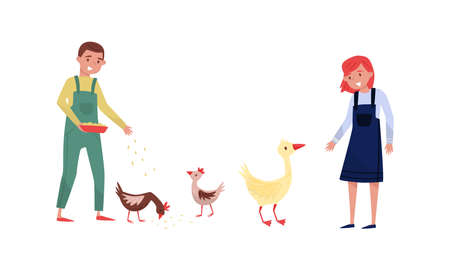 People Farmers Feeding Hen and Ducks Vector Illustration Setのイラスト素材