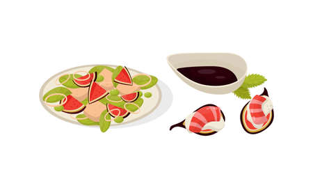 Salad with Chopped Figs and Green Vegetables and Sushi with Sauce Boat Vector Setのイラスト素材