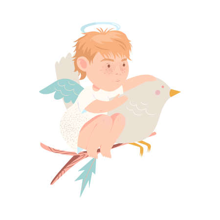 Funny Baby Angel with Nimbus and Wings Vector Illustrationのイラスト素材