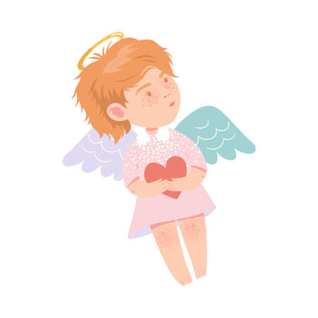 Cute Girl Angel with Nimbus and Wings Holding Heart Vector Illustrationのイラスト素材