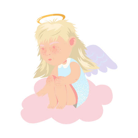 Little Girl Angel with Nimbus and Wings Sitting on Soft Cloud Vector Illustrationのイラスト素材