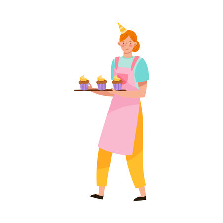 Smiling Woman in Birthday Hat and Apron Carrying Cupcakes Vector Illustration