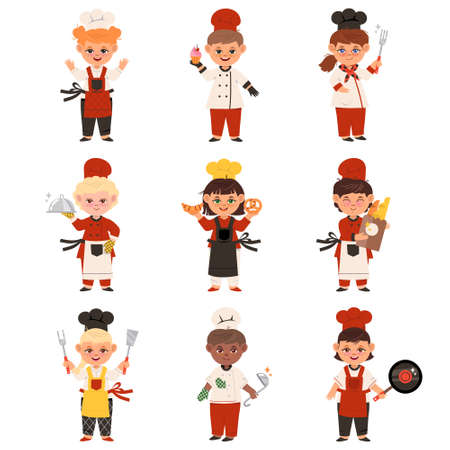 Smiling Kids Wearing Colorful Toques and Aprons Cooking Vector Setのイラスト素材