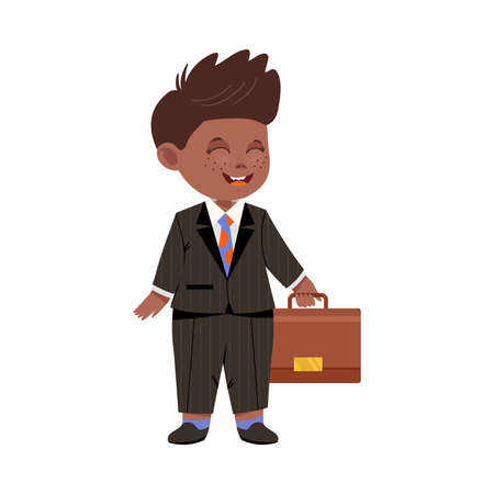Cute Boy Businessman in Formal Suit Holding Briefcase Vector Illustrationのイラスト素材