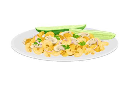 Pasta Mixed with Mushrooms and Herbs and Sliced Cucumber Rested on Plate Vector Illustrationのイラスト素材