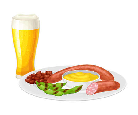 Sausages with Grilled Green Pea and Beer Mug Vector Illustrationのイラスト素材