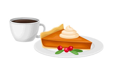 Piece of Baked Pumpkin Pie with Whipped Cream on Top with Cup of Hot Coffee Vector Illustrationのイラスト素材