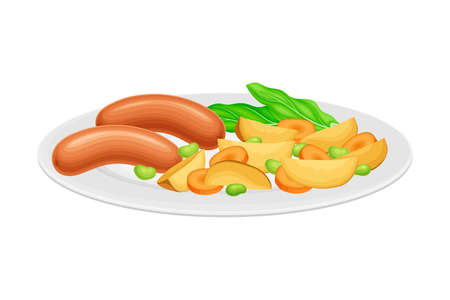 Boiled Bratwurst or Sausage Rested on Plate with Sliced Potato Vector Illustrationのイラスト素材
