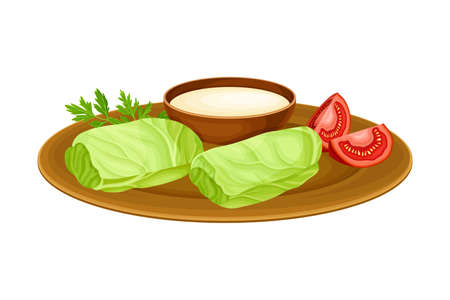 Dolma or Meat Stuffing Wrapped in Cabbage Leaves with Sauce as Egyptian Dish Vector Illustrationのイラスト素材