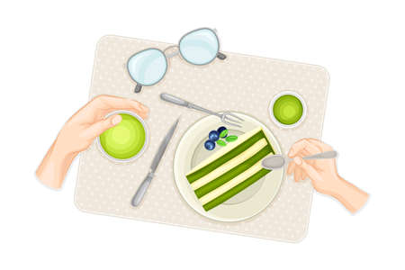 Human Hands and Sweet Cake as Green Matcha Dessert on Place Mat Vector Illustrationのイラスト素材