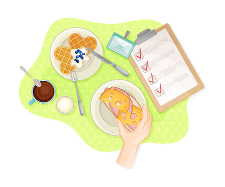 Human Hands Eating Sandwich with Cheese and Waffle Served on Plate Rested on Table Cloth Vector Illustrationのイラスト素材