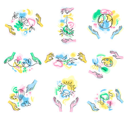 Hands with Colorful Shapes and Contour Objects Vector Setのイラスト素材
