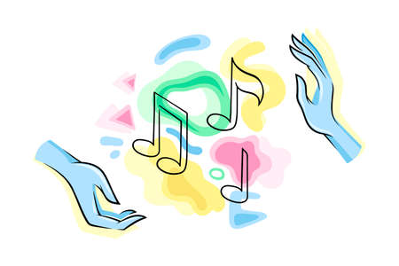 Human Hands with Colorful Abstract Shapes and Contour Music Notes Vector Illustrationのイラスト素材