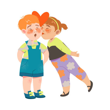 Little Girl Kissing Flushed Boy in Shortalls Cheek Vector Illustrationのイラスト素材
