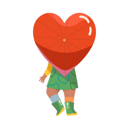 Little Girl in Rubber Boots Holding Heart Shaped Umbrella Covering Her Face Vector Illustrationのイラスト素材