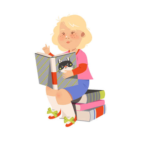 Freckled Girl Character Sitting on Pile of Books and Reading Vector Illustrationのイラスト素材