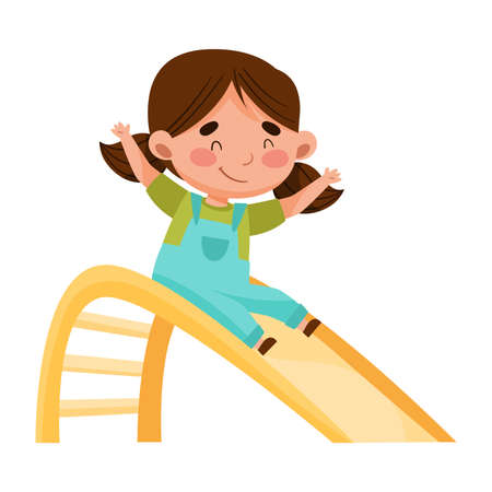 Little Girl Sliding Down on Playground Vector Illustrationのイラスト素材