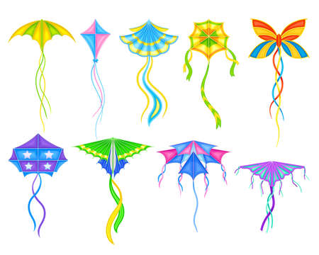 Colorful Kite as Tethered Craft with Wing Surfaces and Tail Vector Setのイラスト素材