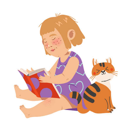 Cute Girl Character Sitting on the Floor with Open Book and Reading Vector Illustrationのイラスト素材