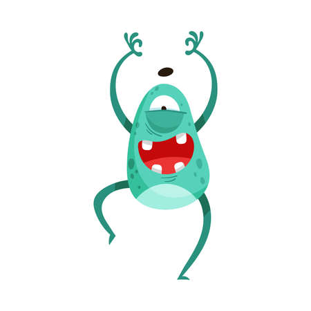 Jumping Monster with Teeth and Horns Standing and Smiling Vector Illustrationのイラスト素材