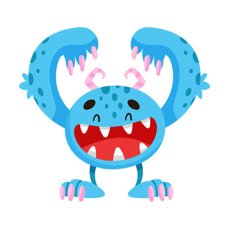 Toothy Blue Monster with Horns Standing and Smiling Vector Illustrationのイラスト素材