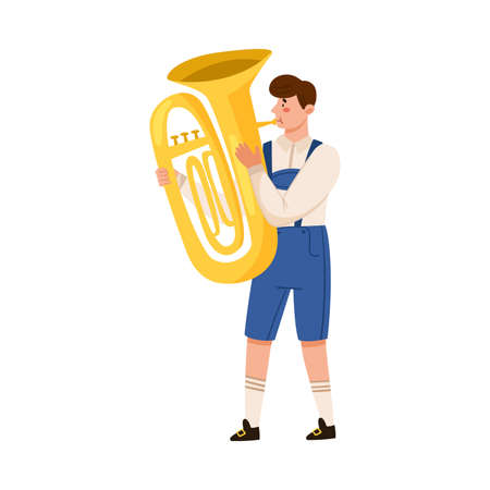 Young Man in Lederhosen Playing Trumpet Vector Illustrationのイラスト素材