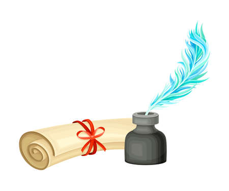 Ancient Papyrus Scroll Binded with Red Ribbon and Quill in Inkstand Vector Illustrationのイラスト素材