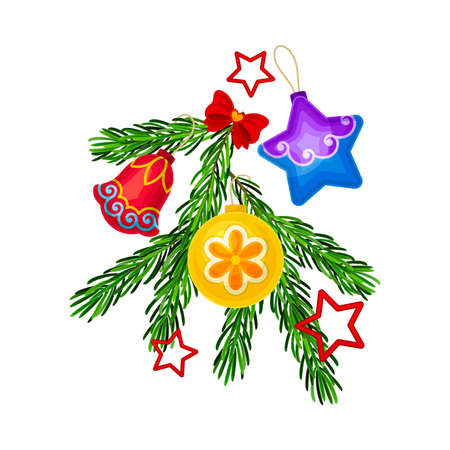 Fir Tree Branch Decorated with Bow and Christmas Bauble Vector Compositionのイラスト素材
