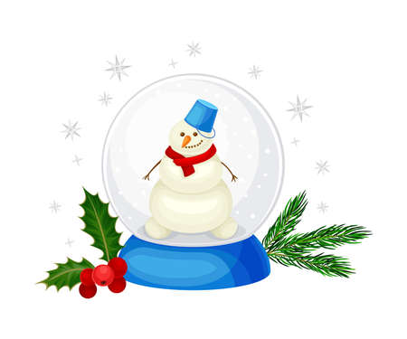 Snow Dome Souvenir with Snowman Inside and Fir Branch Rested Nearby as Christmas Vector Compositionのイラスト素材