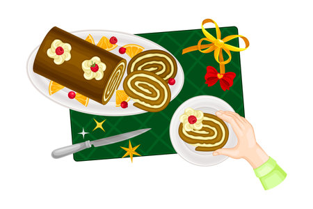 Human Hand and Slice of Rolled Cake on Plate as Traditional Christmas Eve Dessert Table Above View...