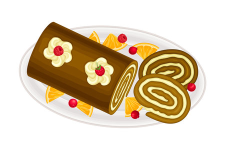 Chocolate Rolled Cake on Plate as Traditional Christmas Eve Dessert Above View Vector Illustration
