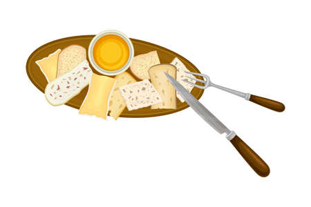 Sliced Cheese with Sauce on Wooden Board as Traditional Christmas Eve Appetizer Above View Vector Illustrationのイラスト素材