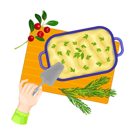 Hand Holding Spatula and Baked Spiced Pudding in Casserole Dish as Festive Christmas Meal Vector Illustrationのイラスト素材